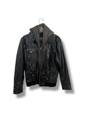 Black Rivet Men’s Leather Bomber Jacket Medium Hooded Moto Quilted Lined